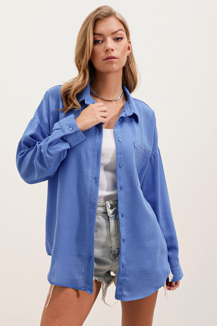 Bigdart Chemise oversize en lin à poche unique 20153 - Bleu roi