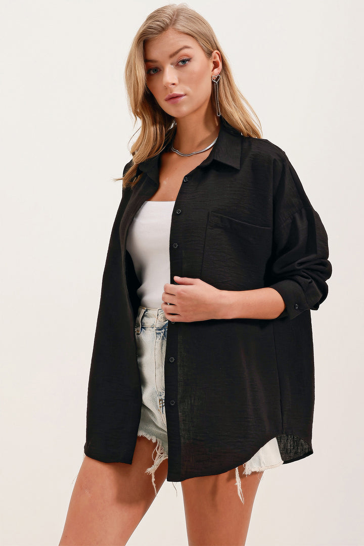 Bigdart 20153 Chemise Oversize en Lin à Poche Unique - Noir