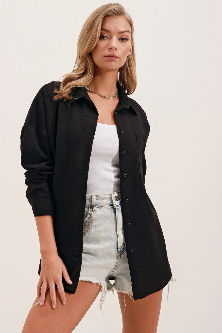 Bigdart 20153 Chemise Oversize en Lin à Poche Unique - Noir