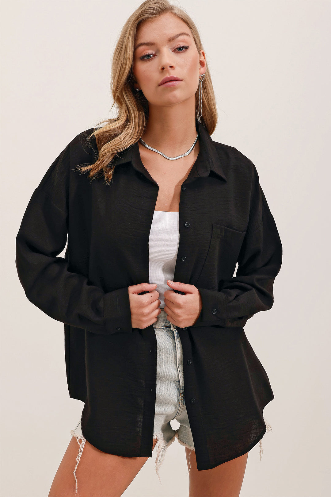 Bigdart 20153 Chemise Oversize en Lin à Poche Unique - Noir