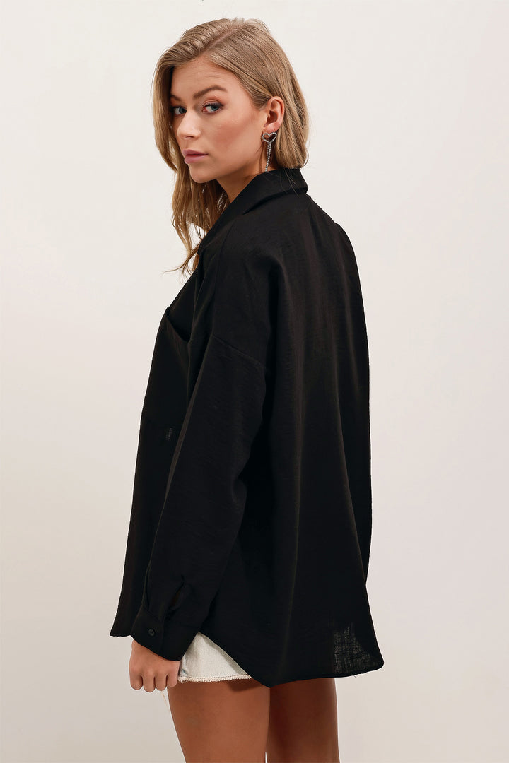 Bigdart 20153 Chemise Oversize en Lin à Poche Unique - Noir