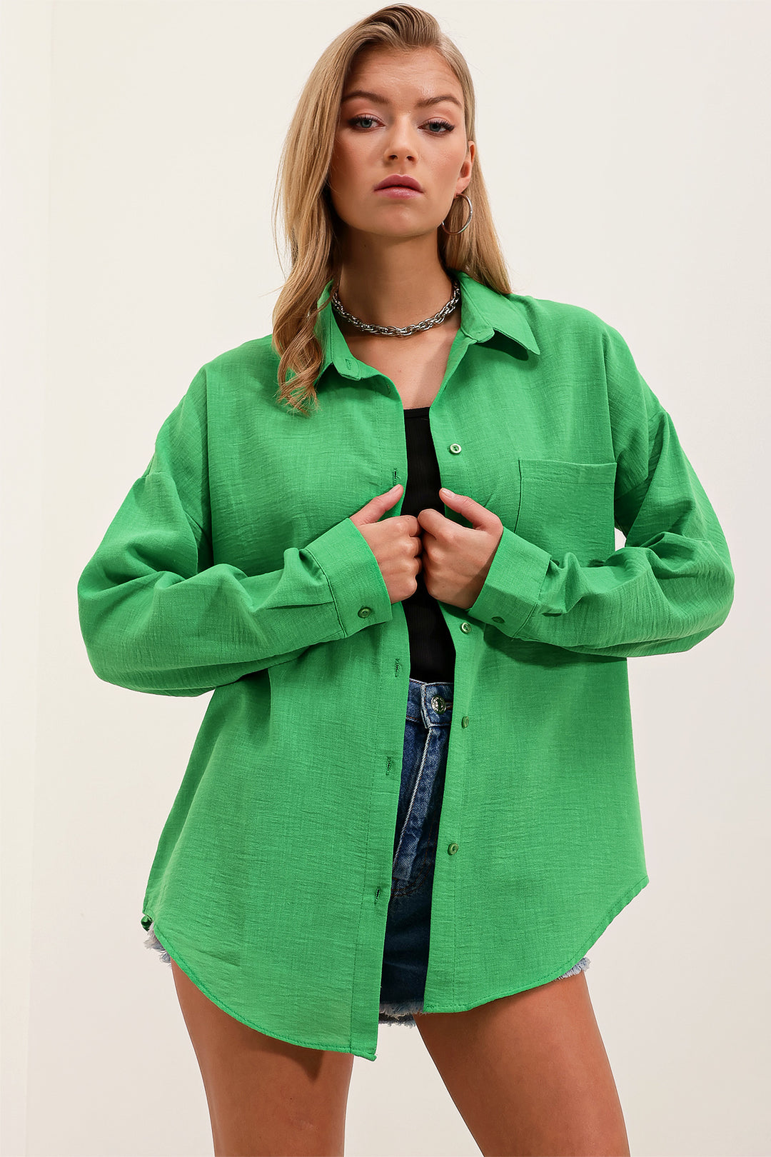 Bigdart 20153 Chemise Oversize en Lin à Poche Unique - Vert