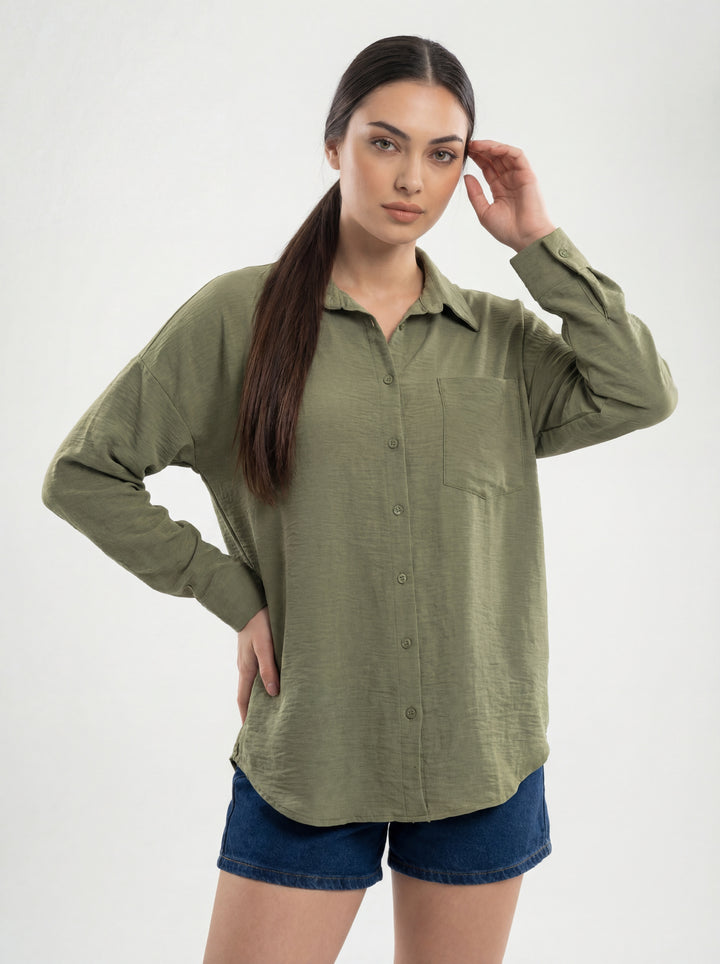 Bigdart Chemise Oversize en Lin à Poche Unique 20153 - Kaki Foncé