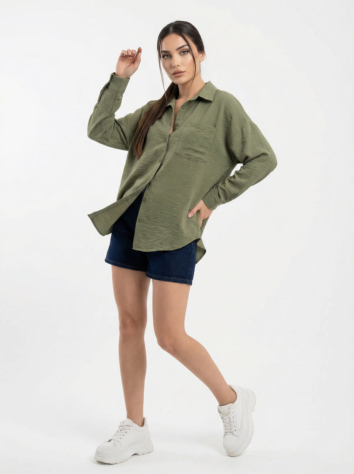 Bigdart Chemise Oversize en Lin à Poche Unique 20153 - Kaki Foncé
