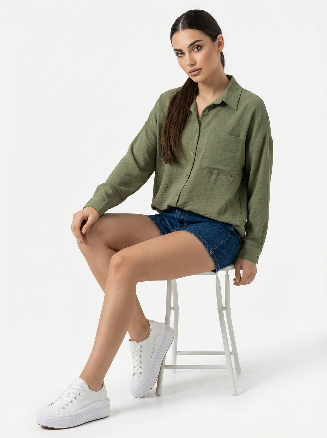 Bigdart Chemise Oversize en Lin à Poche Unique 20153 - Kaki Foncé