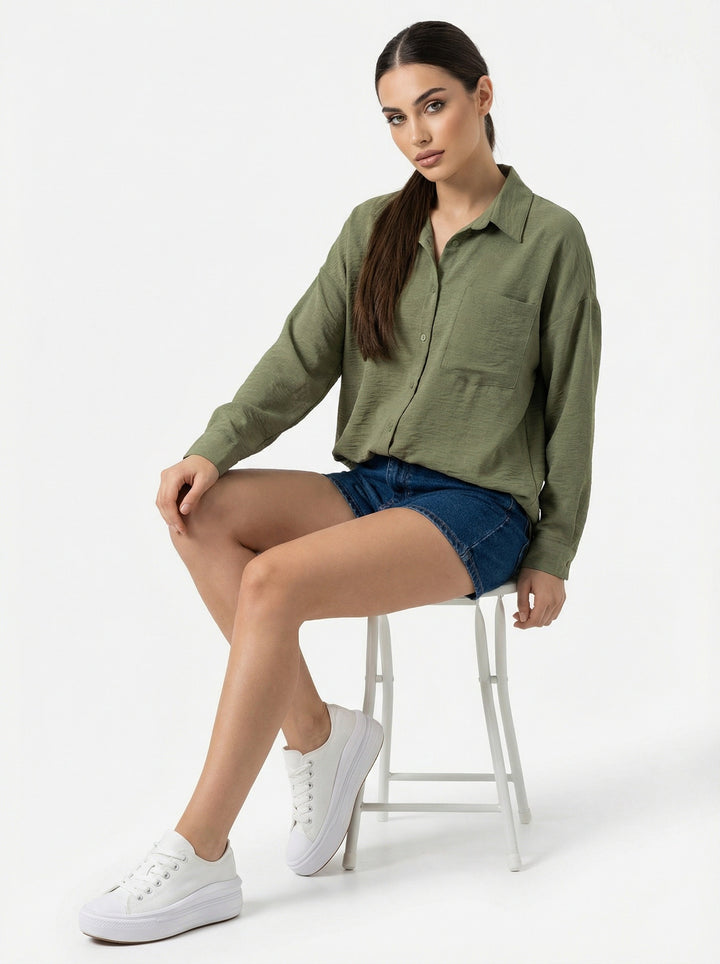 Bigdart Chemise Oversize en Lin à Poche Unique 20153 - Kaki Foncé