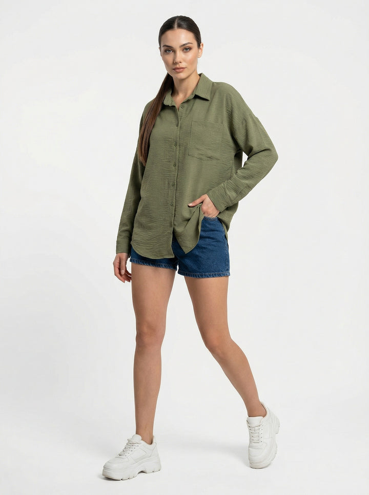 Bigdart Chemise Oversize en Lin à Poche Unique 20153 - Kaki Foncé
