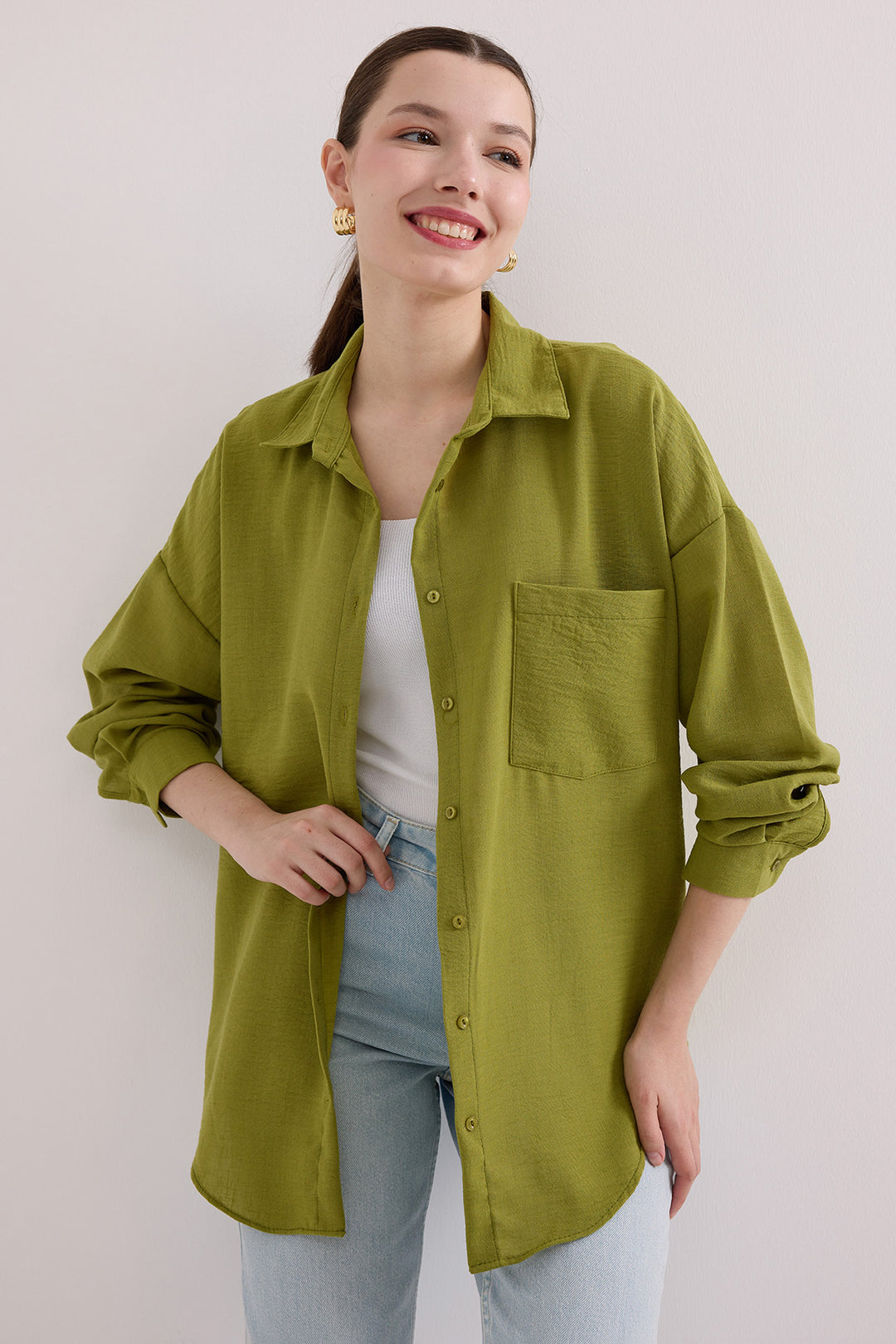 Bigdart Chemise oversize en lin à poche unique 20153 - Vert