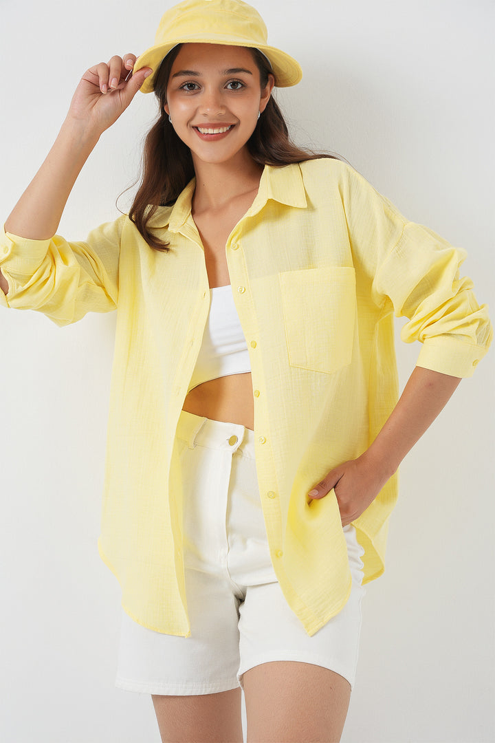 Bigdart 20153 Chemise en lin oversize à poche unique - Clair Jaune