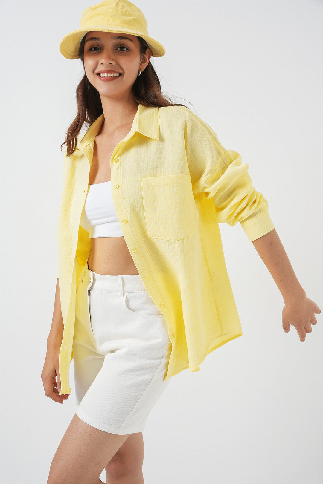 Bigdart 20153 Chemise en lin oversize à poche unique - Clair Jaune