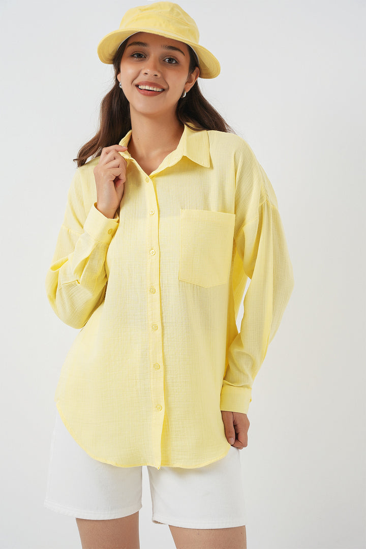 Bigdart 20153 Chemise en lin oversize à poche unique - Clair Jaune