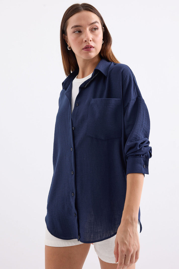 Bigdart 20153 Chemise en lin oversize à poche unique - d.Bleu marine