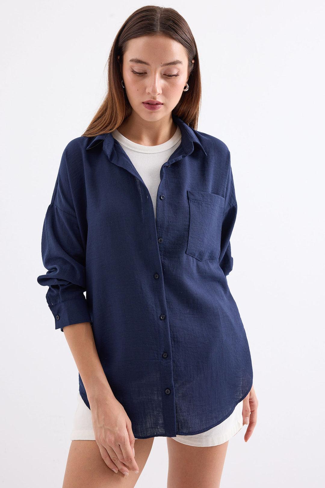 Bigdart 20153 Chemise en lin oversize à poche unique - d.Bleu marine