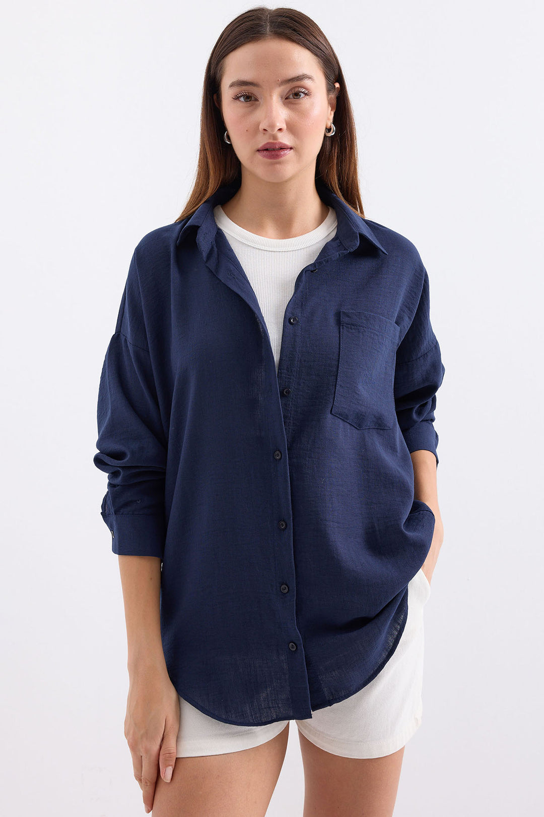 Bigdart 20153 Chemise en lin oversize à poche unique - d.Bleu marine