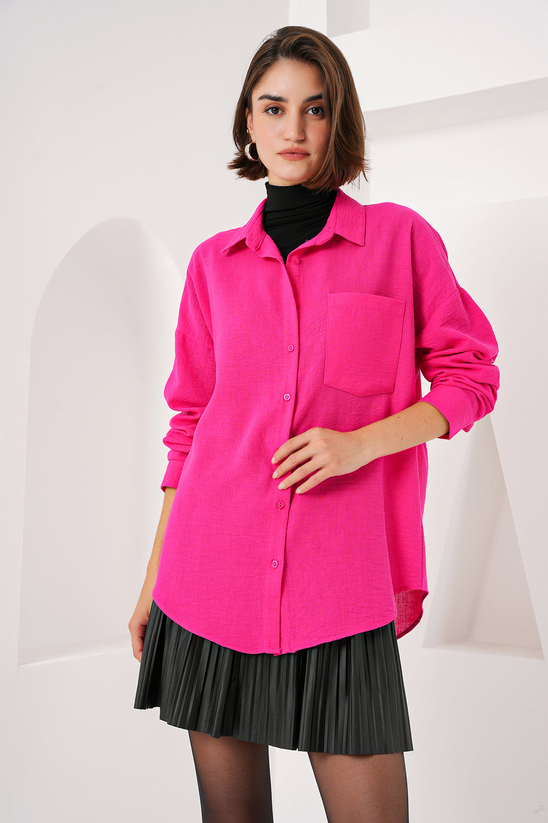 Bigdart 20153 Chemise Oversize en Lin à Poche Unique - Fuchsia