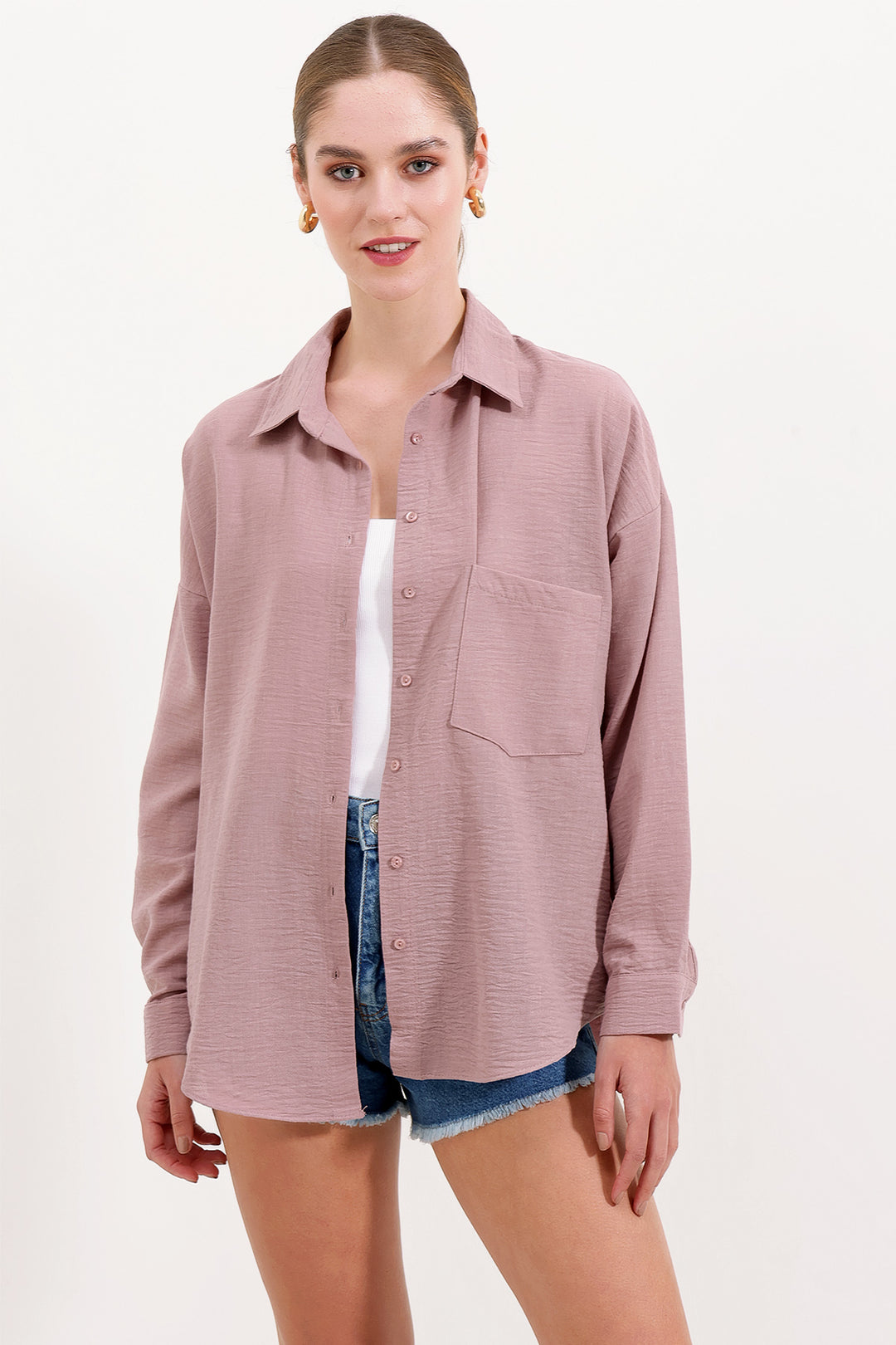 Bigdart 20153 Chemise Oversize en Lin à Poche Unique - Rose Poudré