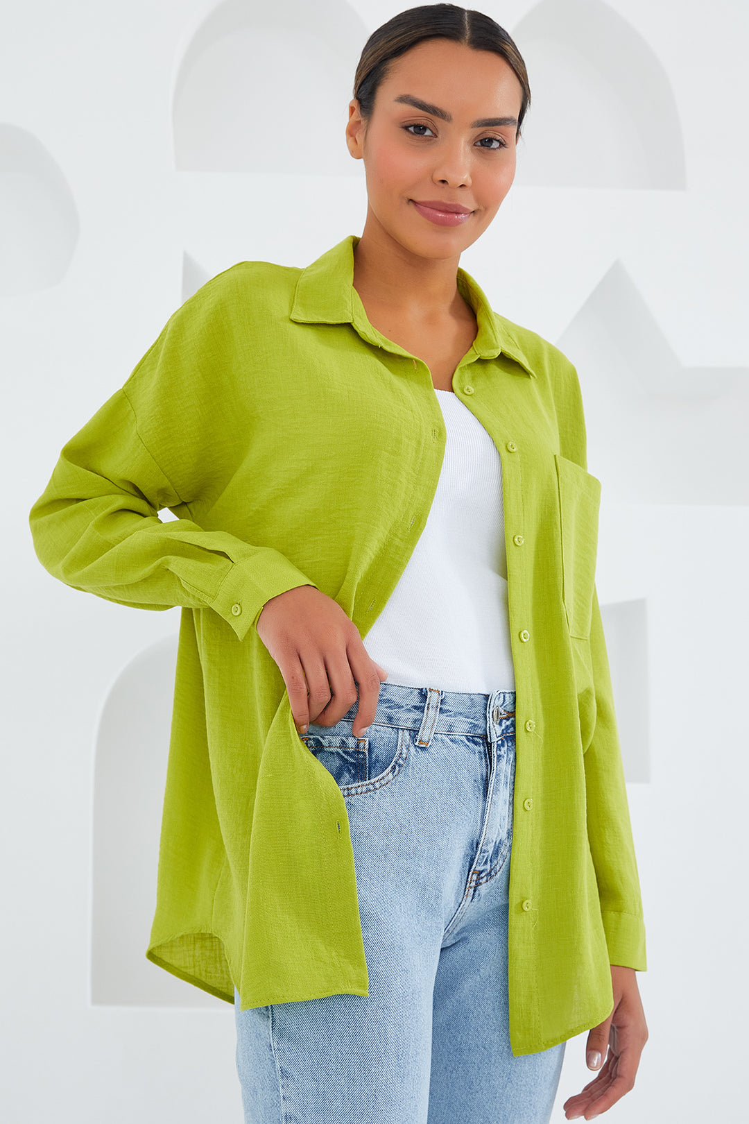 Bigdart Chemise Oversize en Lin à Poche Unique - Vert Olive 20153