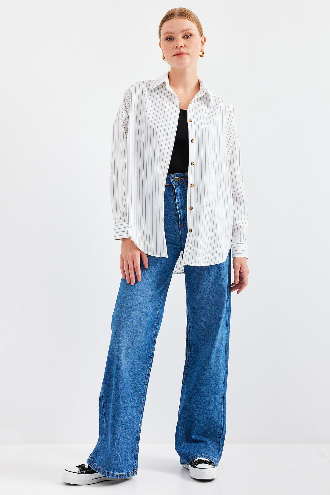Bigdart 20208 Chemise basique longue oversize rayée - Blanc