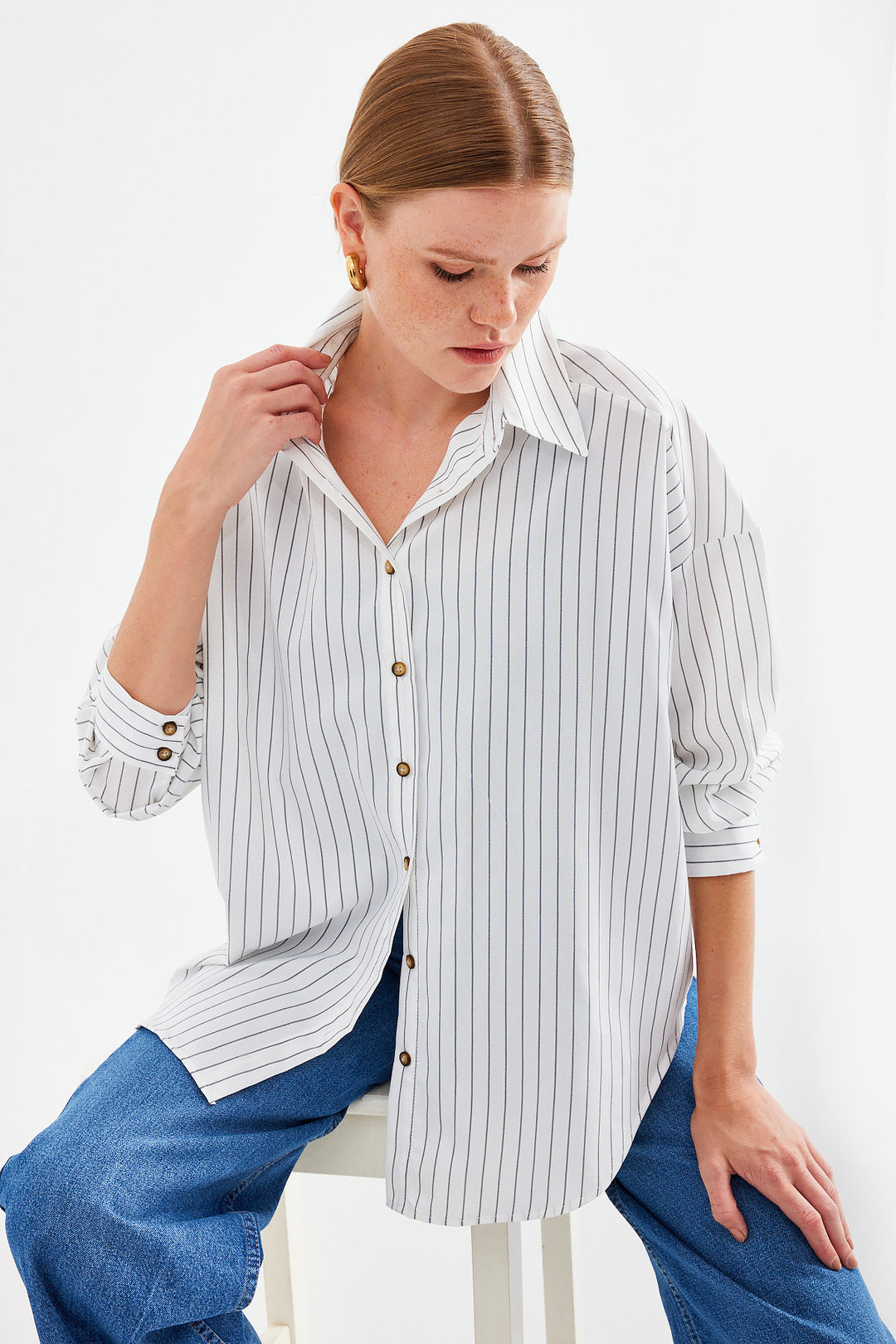 Bigdart 20208 Chemise basique longue oversize rayée - Blanc