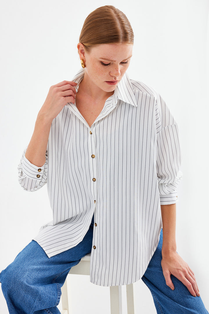 Bigdart 20208 Chemise basique longue oversize rayée - Blanc