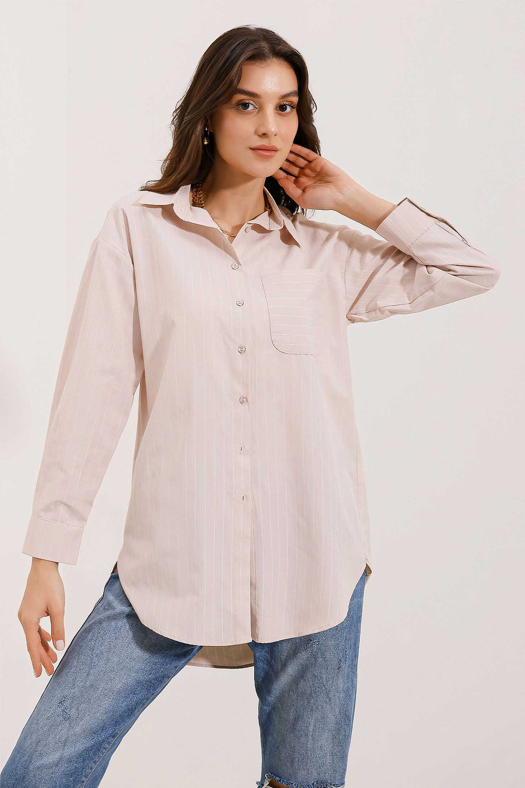 Bigdart 20217 Chemise Oversize Rayée avec Poches - Beige