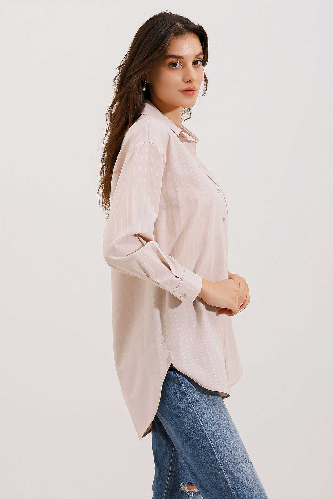 Bigdart 20217 Chemise Oversize Rayée avec Poches - Beige
