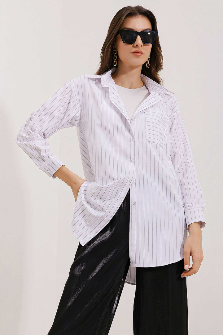Bigdart 20217 Chemise oversize à rayures avec détails sur les poches - Blanc