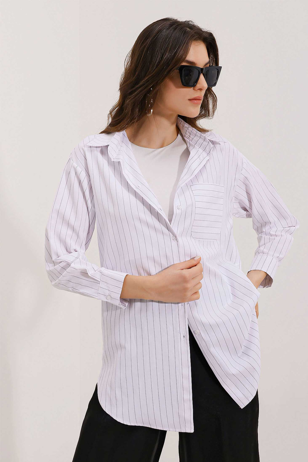 Bigdart 20217 Chemise oversize à rayures avec détails sur les poches - Blanc