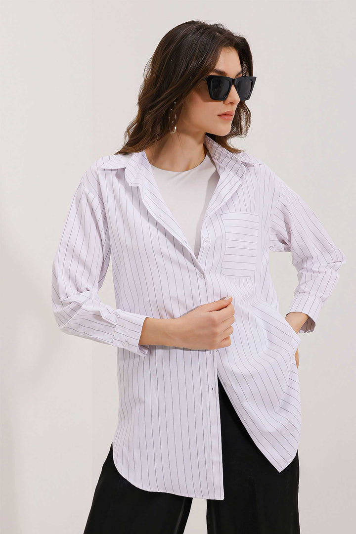 Bigdart 20217 Chemise oversize à rayures avec détails sur les poches - Blanc