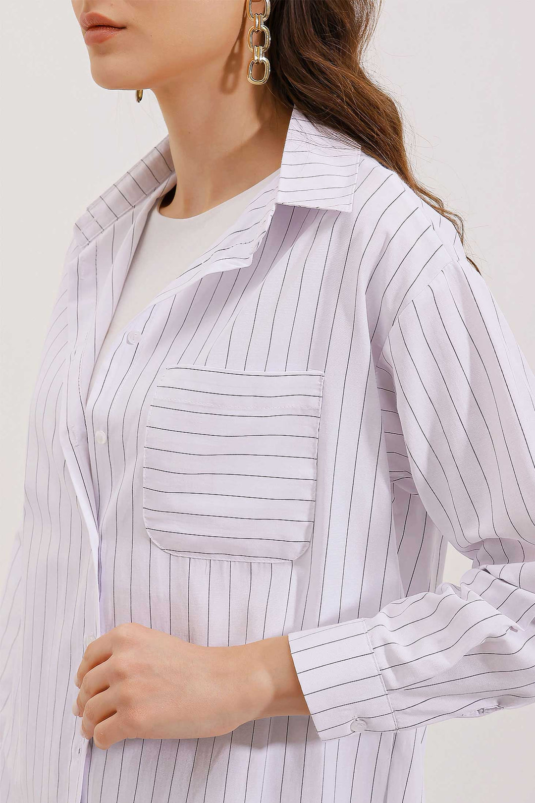 Bigdart 20217 Chemise oversize à rayures avec détails sur les poches - Blanc