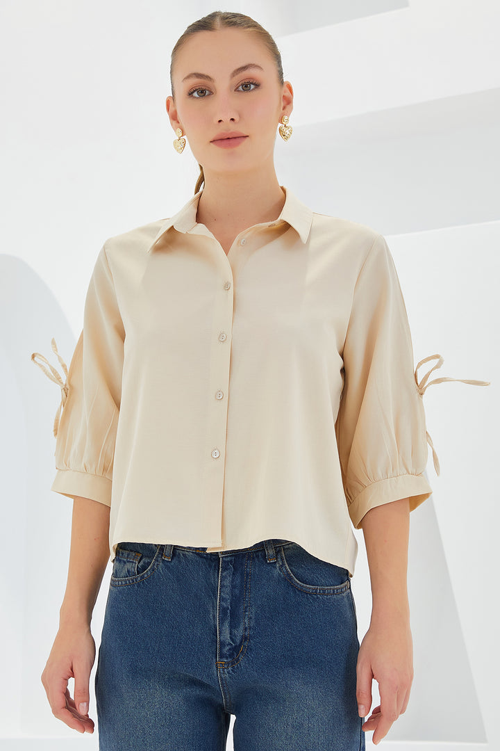 Bigdart Chemise crop à manches détaillées beige pour femme 20246