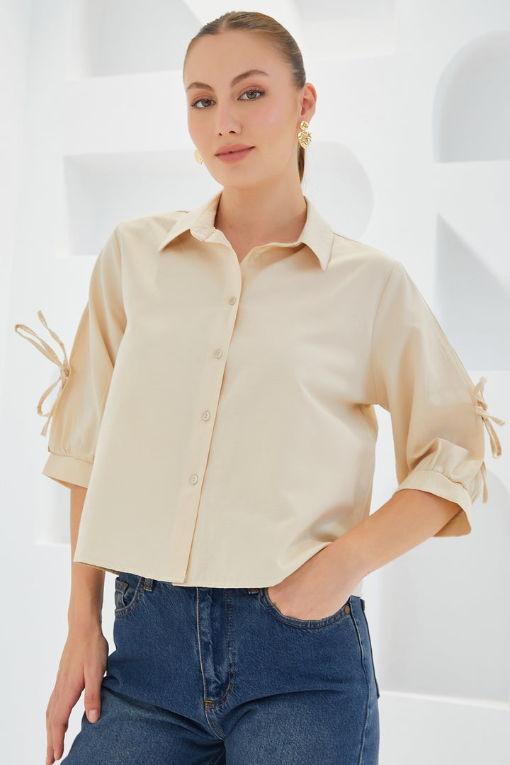 Bigdart Chemise crop à manches détaillées beige pour femme 20246