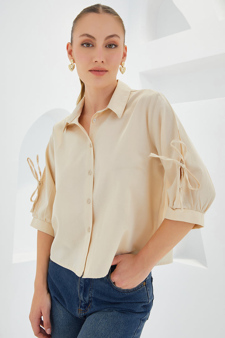 Bigdart Chemise crop à manches détaillées beige pour femme 20246