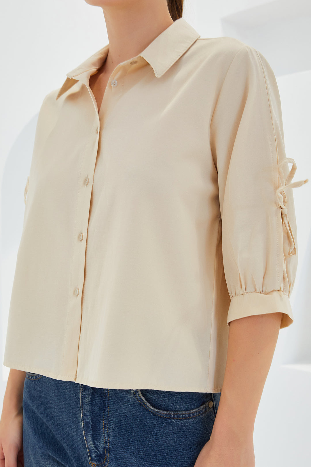 Bigdart Chemise crop à manches détaillées beige pour femme 20246