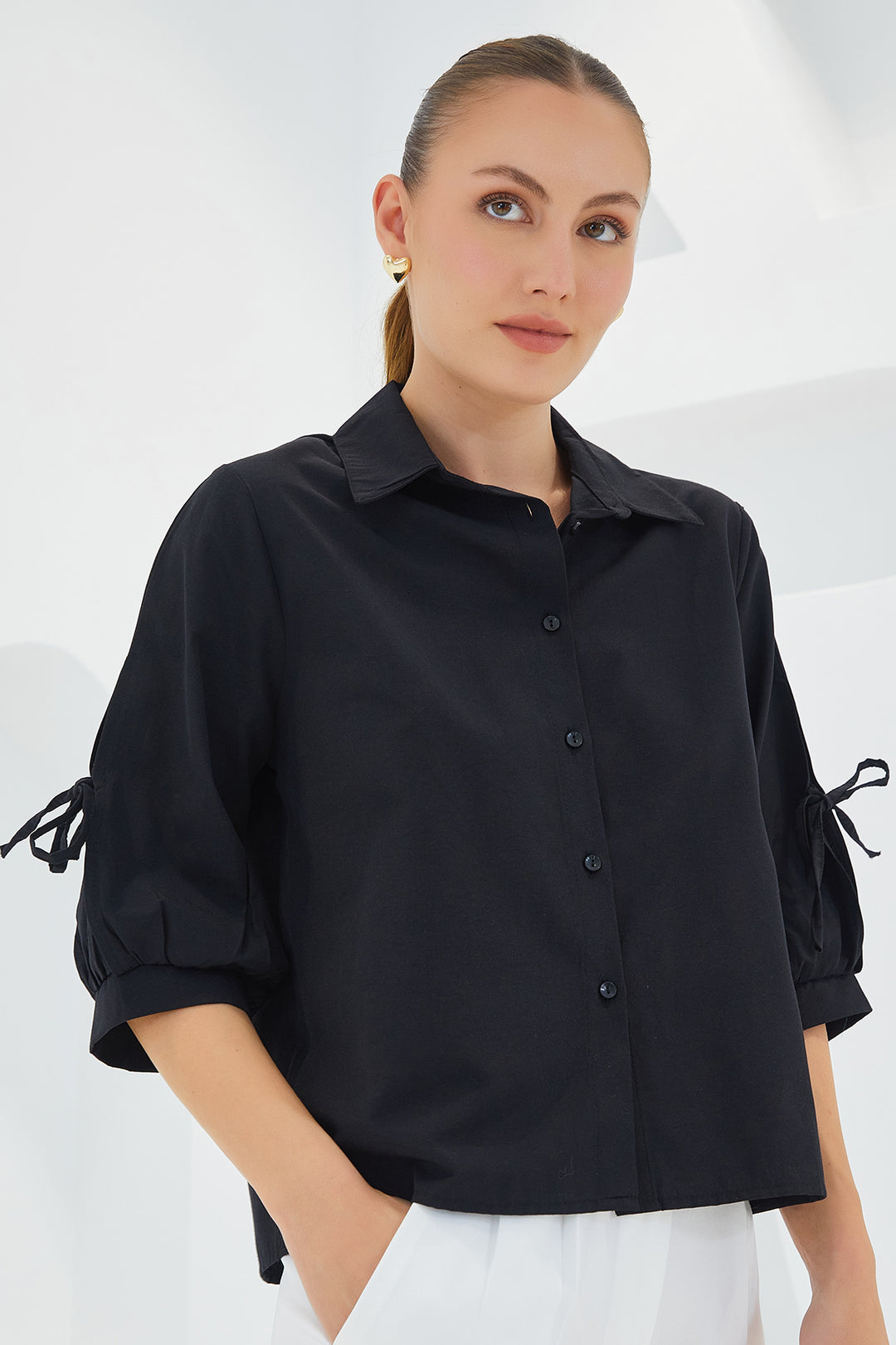Bigdart Chemise crop noire à détails de manches pour femme 20246 - Noir