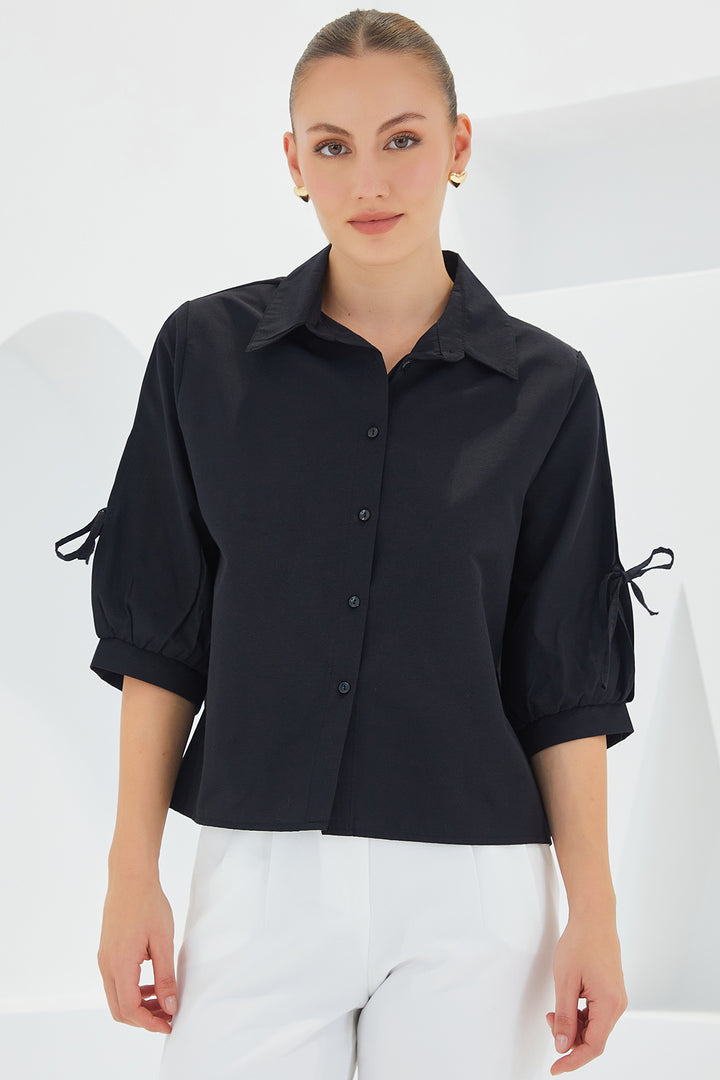 Bigdart Chemise crop noire à détails de manches pour femme 20246 - Noir
