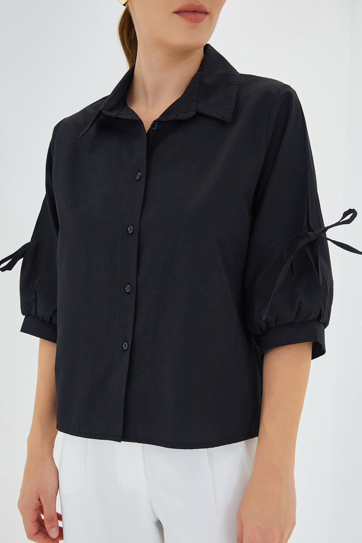 Bigdart Chemise crop noire à détails de manches pour femme 20246 - Noir
