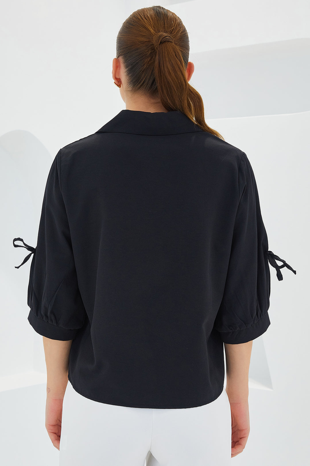 Bigdart Chemise crop noire à détails de manches pour femme 20246 - Noir