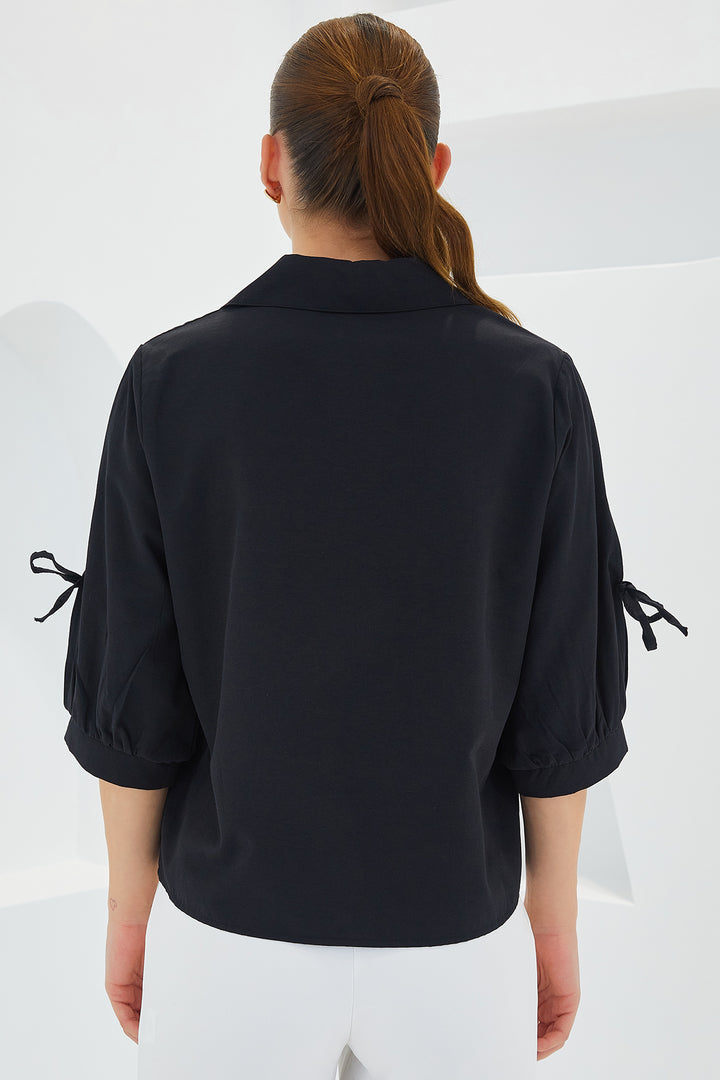Bigdart Chemise crop noire à détails de manches pour femme 20246 - Noir