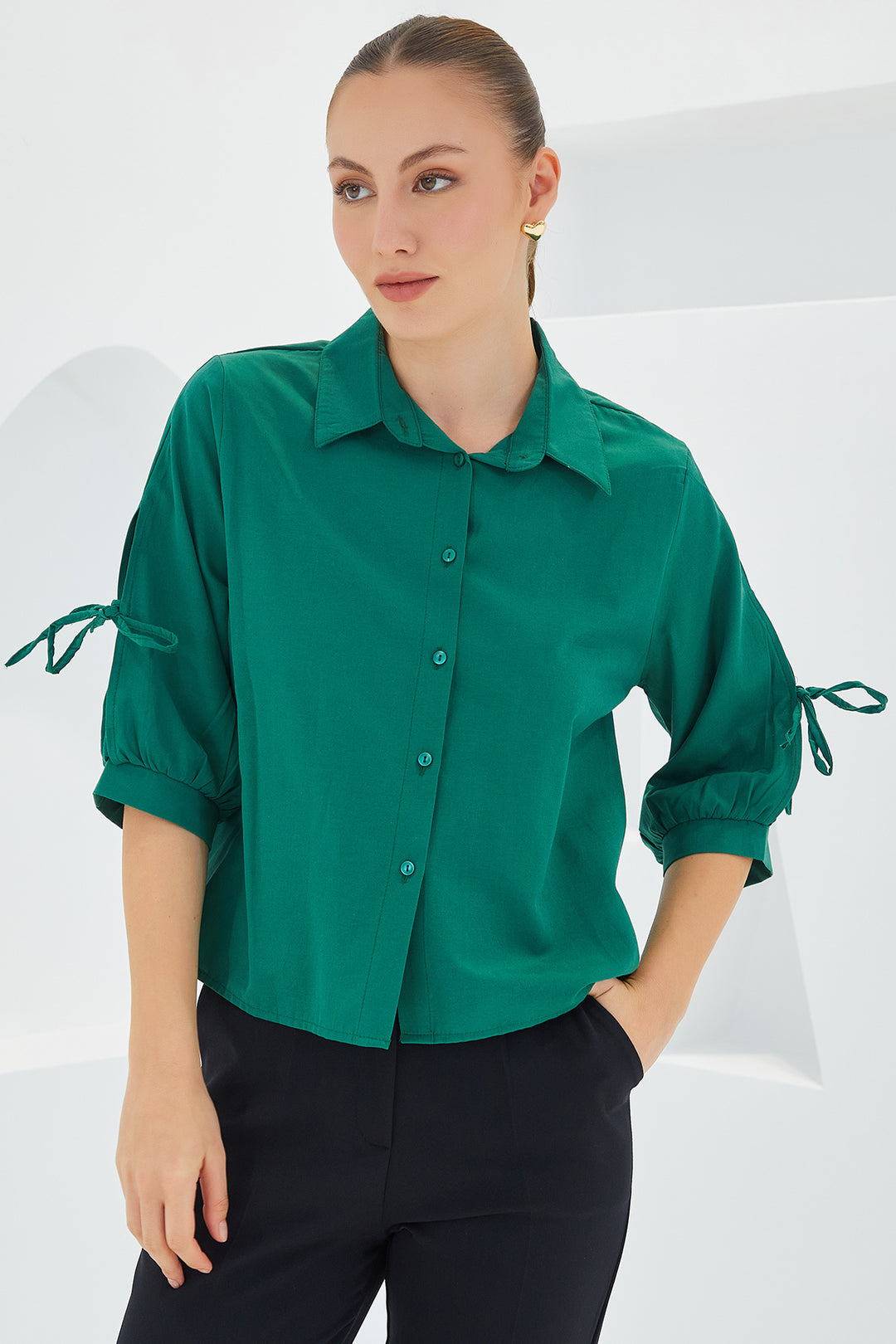 Bigdart Chemise crop à manches détaillées en vert émeraude pour femme 20246