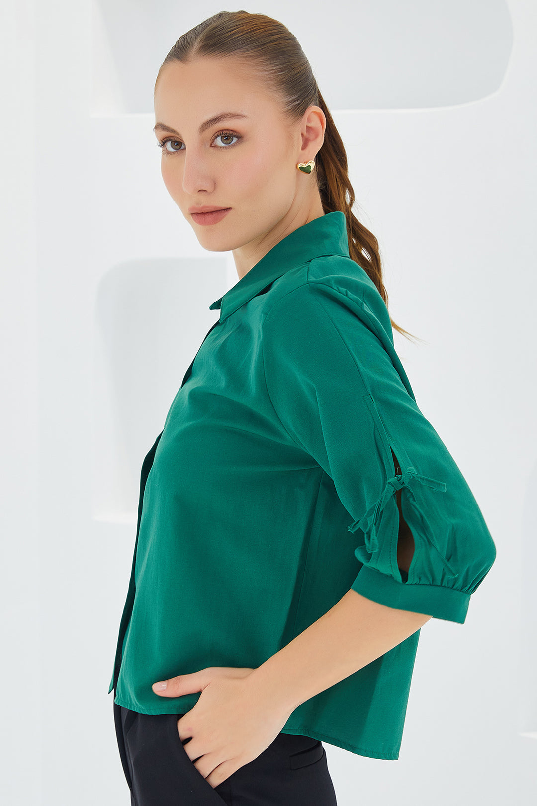 Bigdart Chemise crop à manches détaillées en vert émeraude pour femme 20246