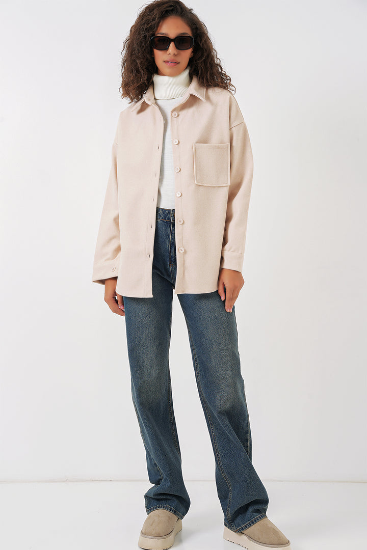 Bigdart 20273 Chemise en laine à boutons et poche unique - Crème