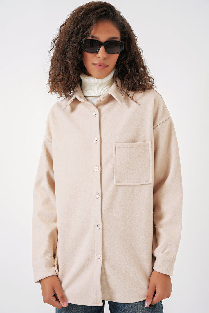 Bigdart 20273 Chemise en laine à boutons et poche unique - Crème