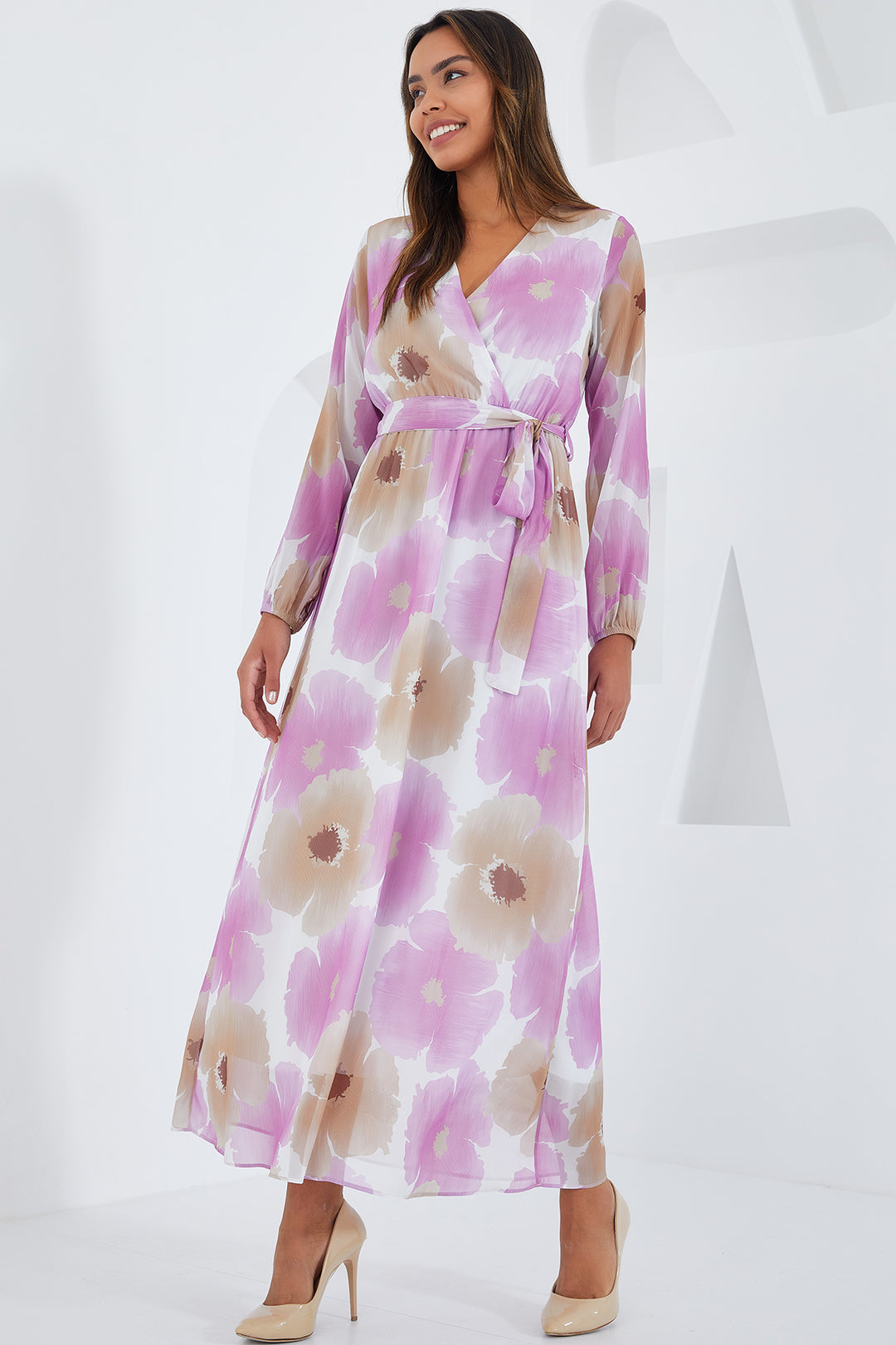 Bigdart Robe en chiffon à motifs fleurs rose et beige pour femme 2134
