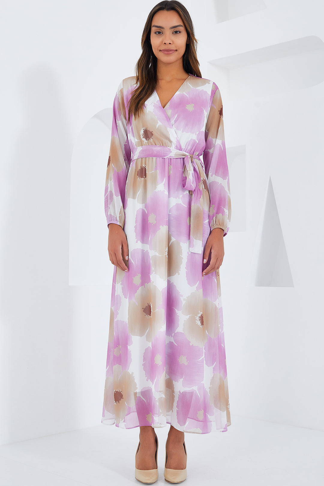 Bigdart Robe en chiffon à motifs fleurs rose et beige pour femme 2134