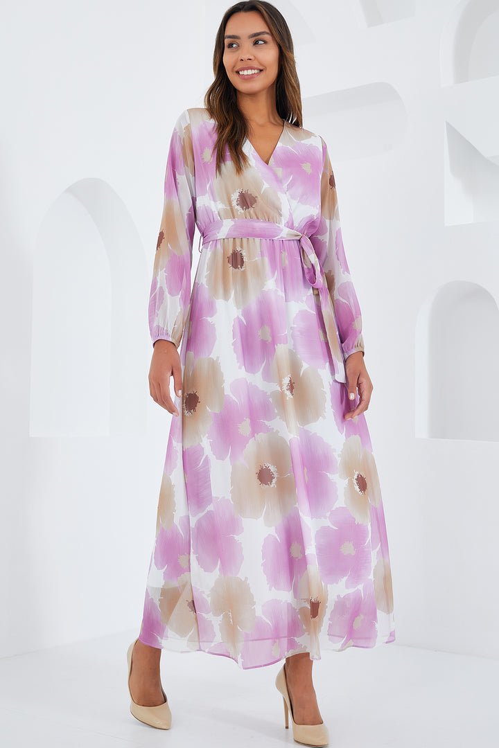 Bigdart Robe en chiffon à motifs fleurs rose et beige pour femme 2134