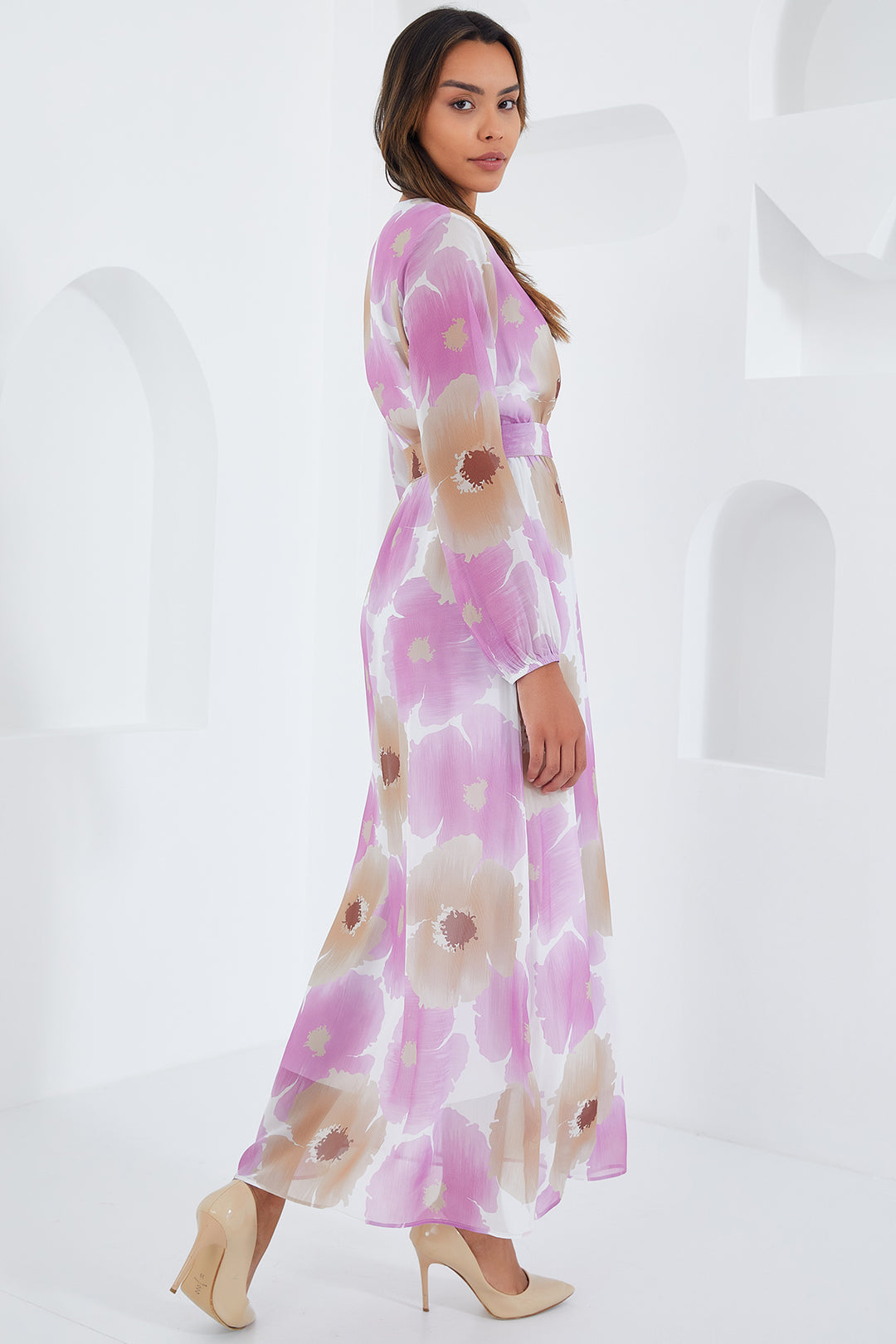 Bigdart Robe en chiffon à motifs fleurs rose et beige pour femme 2134