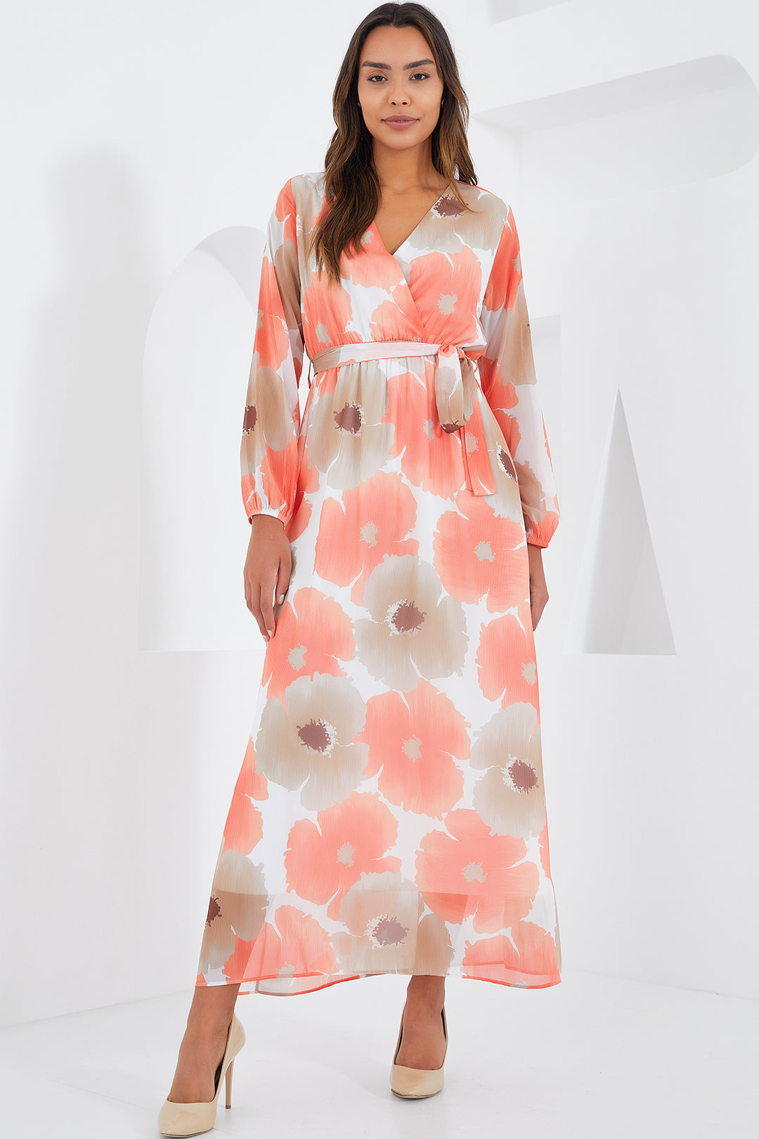 Bigdart Robe en chiffon à motifs fleurs orange et beige pour femme 2134