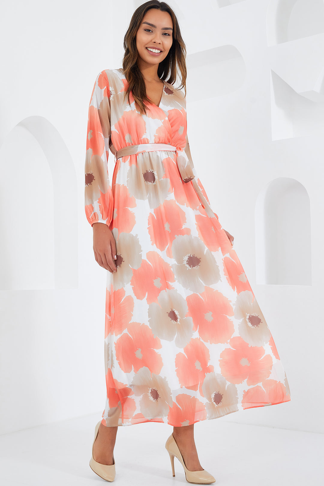 Bigdart Robe en chiffon à motifs fleurs orange et beige pour femme 2134