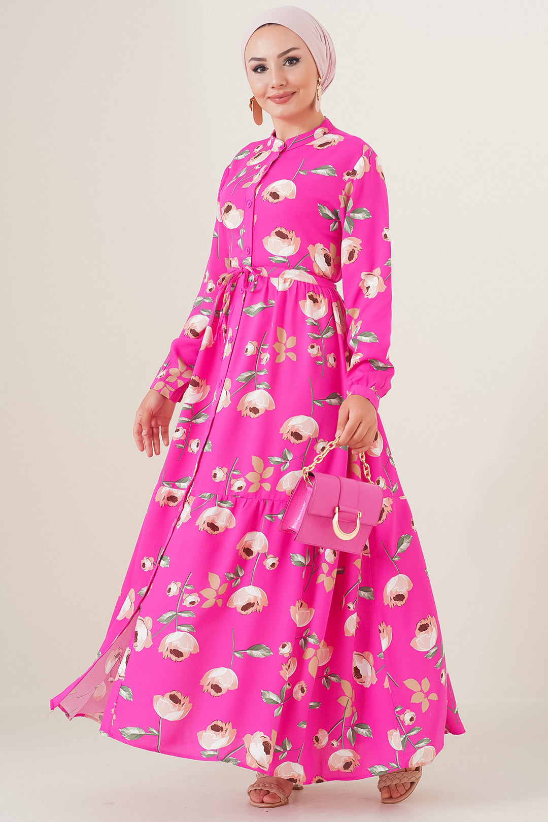 Bigdart 2144 Robe Modeste Col Mao - Fuchsia Émeraude